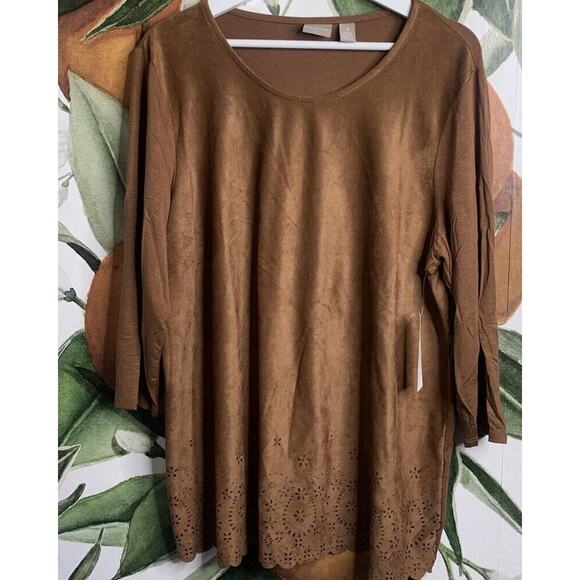 Chico's Tops - Chicos Size 3 US XL Brown Cognac Sueded Eyelet Cut out 4/3 Sleeve Tunic Top New